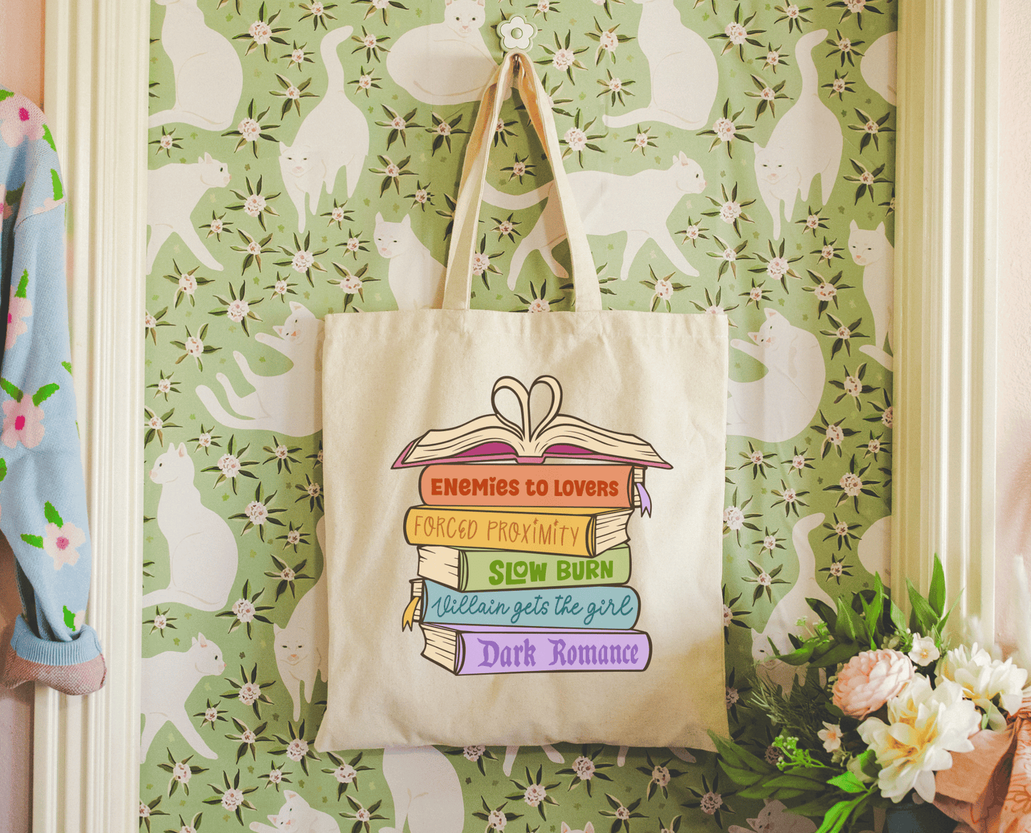 Canvas bookish tote bag - Romance Book Trope Heart Stack