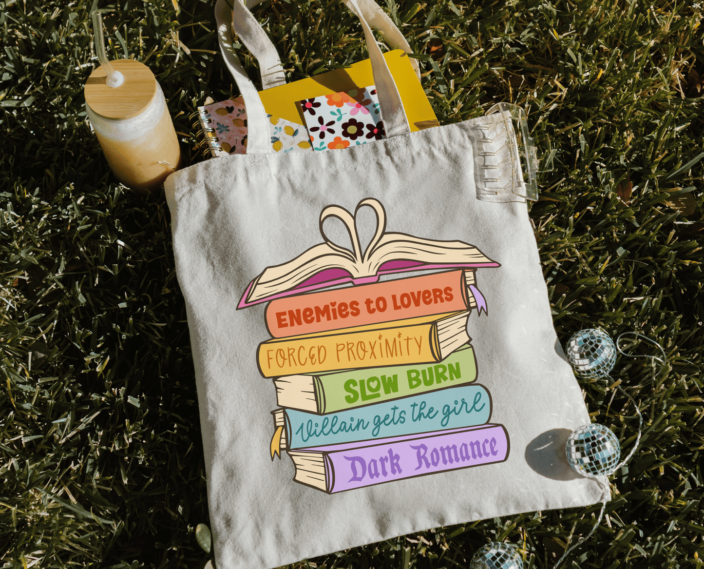 Canvas bookish tote bag - Romance Book Trope Heart Stack