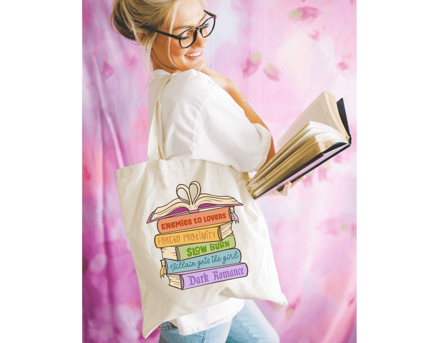Canvas bookish tote bag - Romance Book Trope Heart Stack