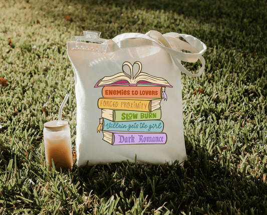 Canvas bookish tote bag - Romance Book Trope Heart Stack